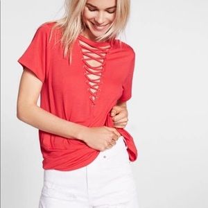 Red t-shirt with deep lace up “v” cut in front